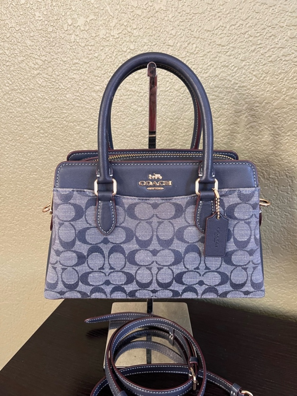 Coach Mini Darcie Navy Signature Canvas Satchel with Leather Trim